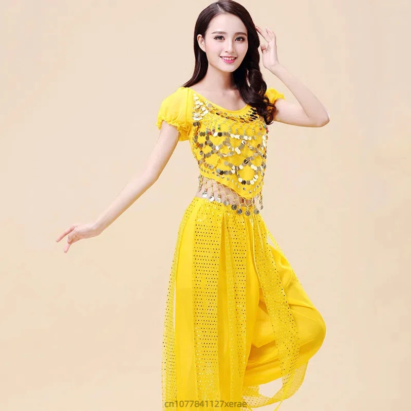 New Belly Dance Costume Indian Dance Stage Performance Belly Dance Set Sparkling Top Short Sleeve Long Dance Stage Costume