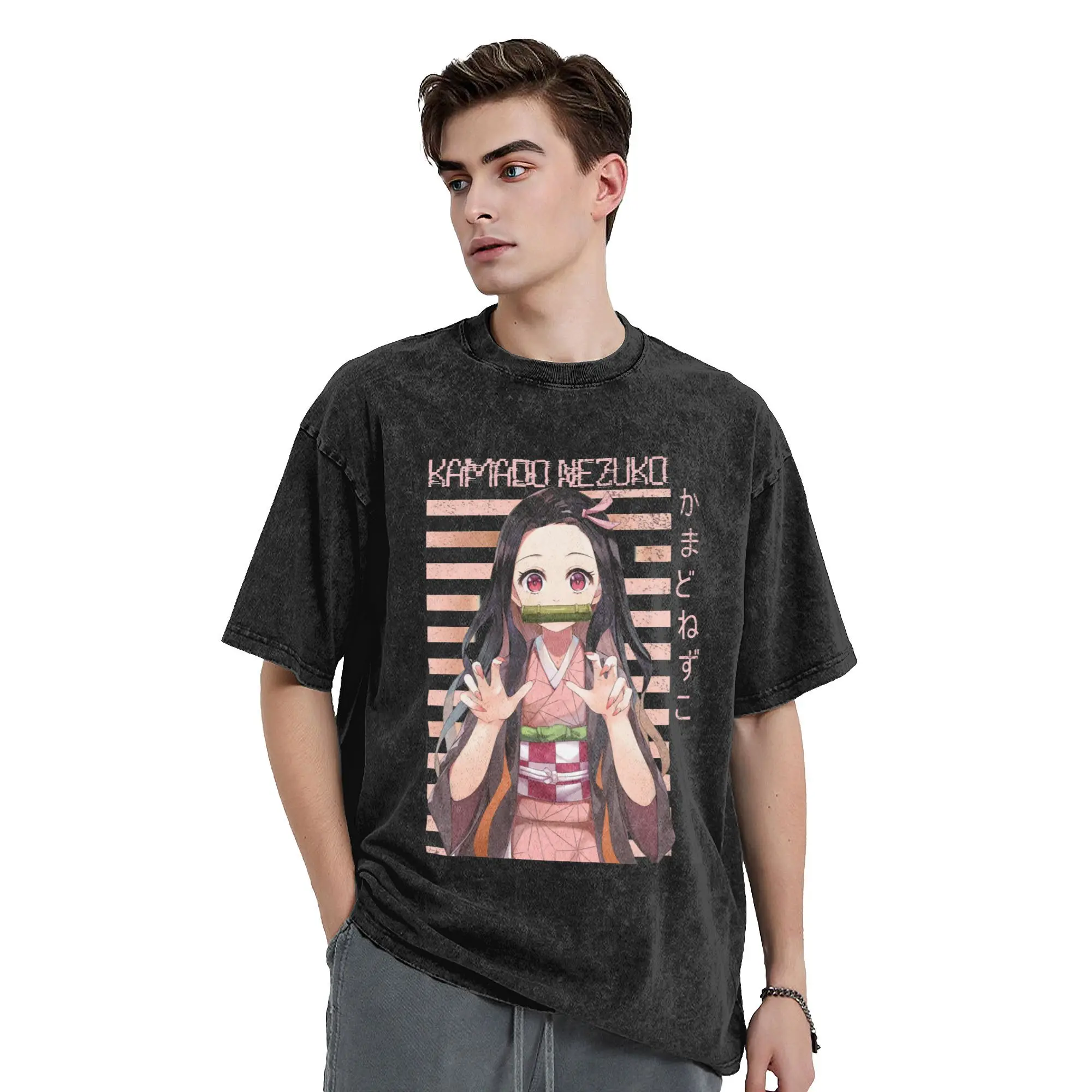 Streetwear Nezuko Kimetsu no Yaiba Vintage Washed T Shirt Men Round Neck Short Sleeve Top Tee Demon Slayer Anime Cotton Tops