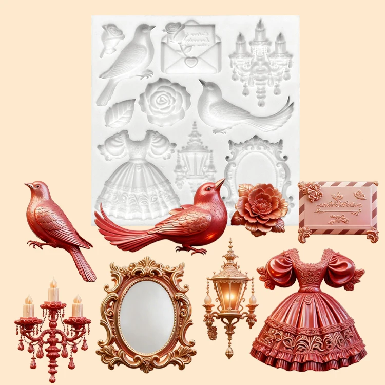 

Valentine's Day Silicone Molds Gift Box Bird Rose Flowers and Dress Fondant Chocolate Mould Wedding Cake Decorating Tools