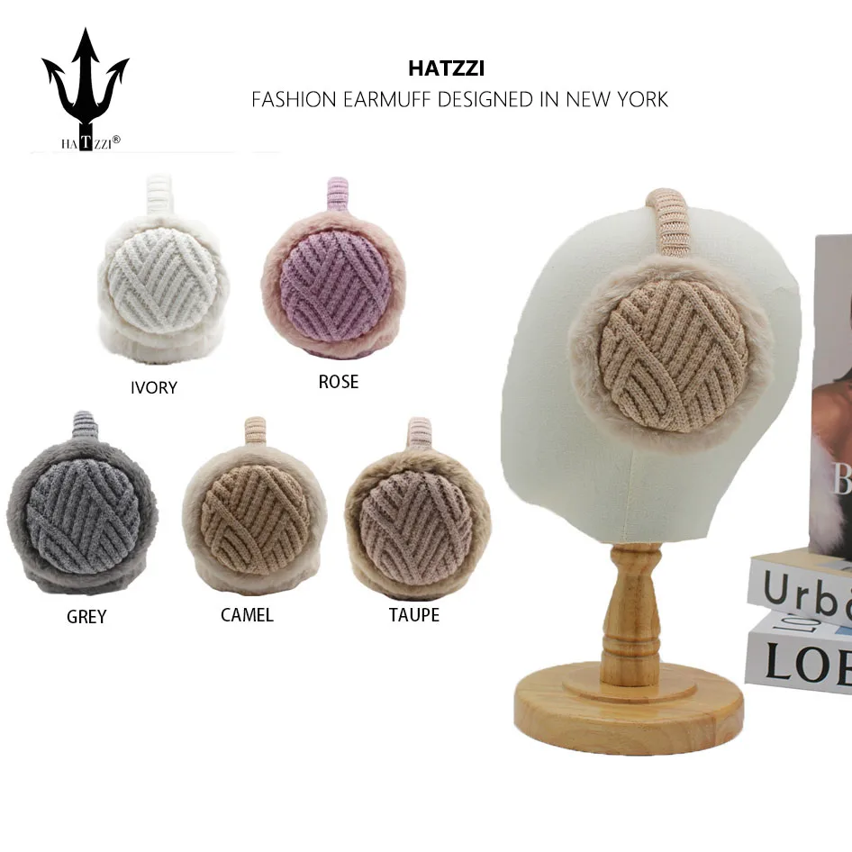 HATZZI Chevron knit Faux  Fur  mink earmuffs   two tone Diagonal Stripe ear cover, elegant orejeras de invierno for woman