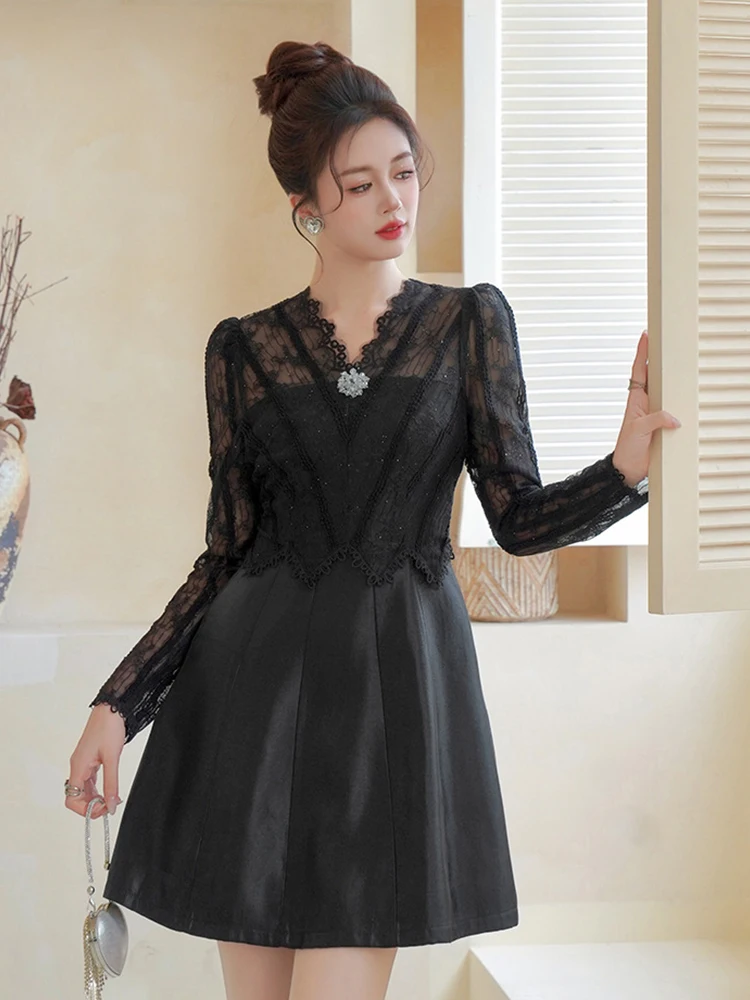 ชุดเดรสลูกไม้สีดำสไตล์ฝรั่งเศส ดีไซน์หรูหรา สำหรับงานปาร์ตี้ ประดับด้วยคริสตัลวิบวับ กระเป๋าเก๋ๆ ทรงสวิง สั้น  สำหรับผู้หญิง  งานเลี้ยงวันเกิด