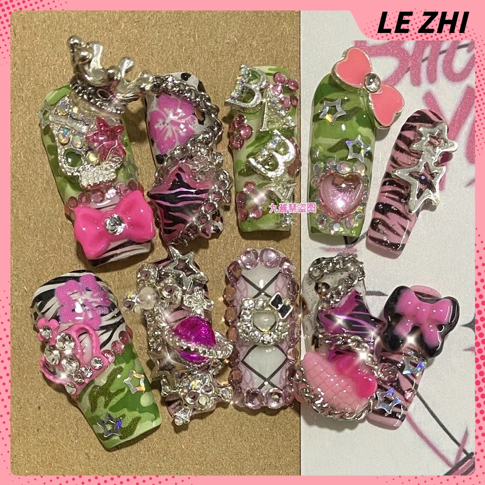 

10Pcs Handmade Camouflage Uniform Colors Y2K Hello Kitty Press On Nails Art Metal Diamond Bow Star Crown Design False Nails Gift