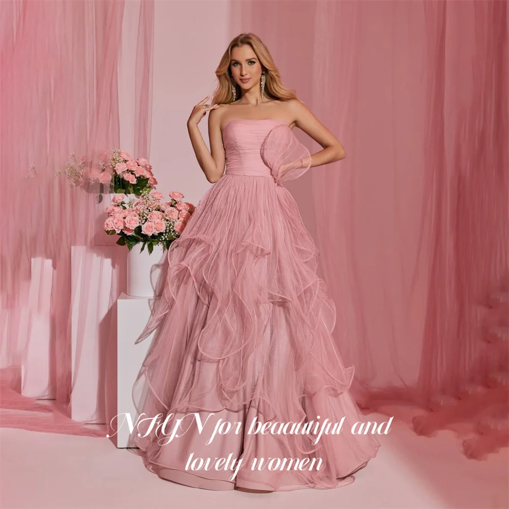 NFYN Pink Evening Dress Strapless Sleeveless Formal Gown Layered Tulle Night Dresses Minimalist Prom Dresses Ruched Customized