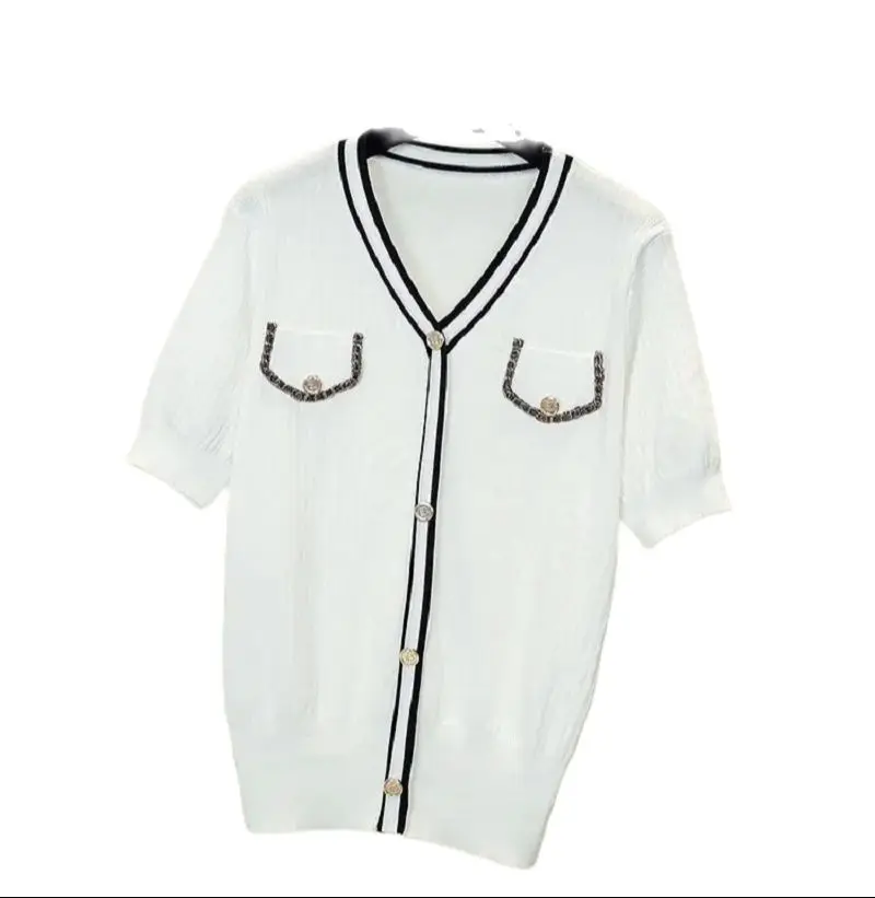 Women\'s Sweater Ice Silk Short Sleeve V Neck Colorblock Pullover 2024 Summer Korean Fashion Style Wear Outside Knitwear