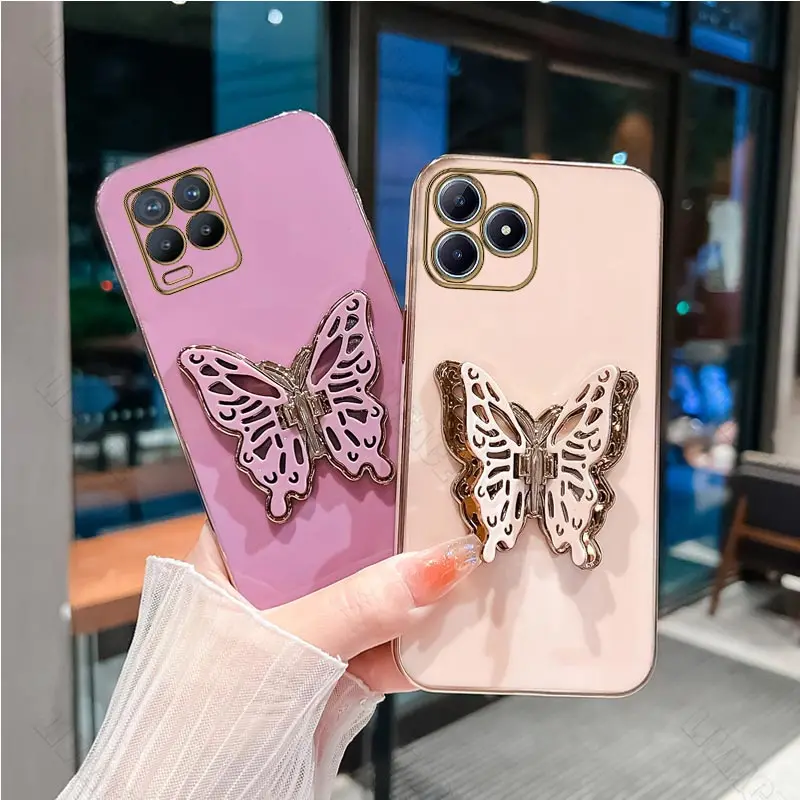 Butterfly Plating Holder Phone Case On For Oppo Realme GT neo 2 3 5 5S V3 V5 V11 V13 V15 V20 V30 Q3 Q3i Pro X7 Pro Stand Cover