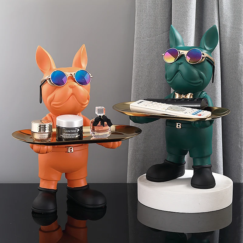 Nordic French Bulldog Butler Resin Dog Sculpture with Glasses Modern Home Decor for Tabletop Living Room Animal Crafts Ornament