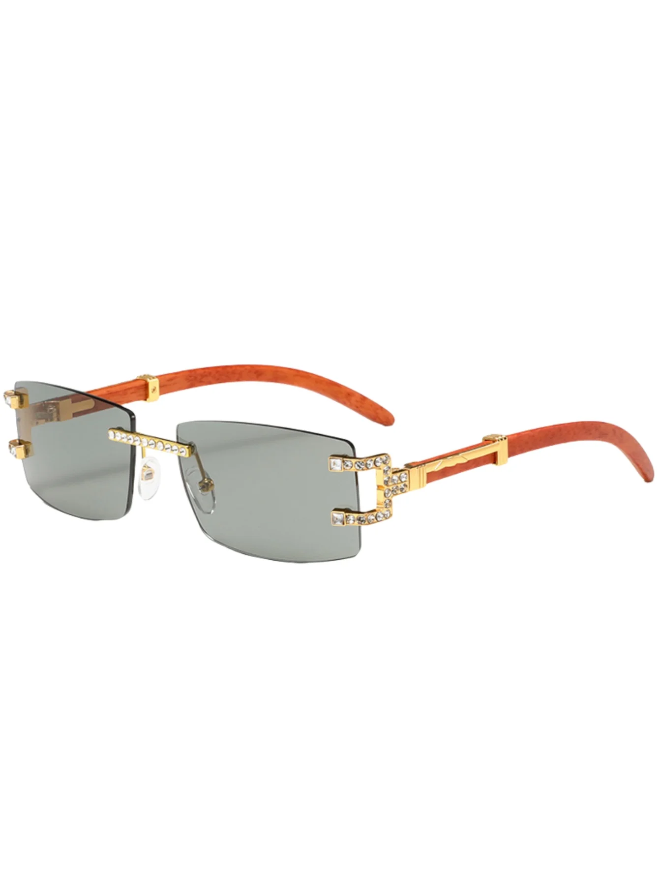 Lunettes de soleil rétro à la mode avec jambe en bois, tendance, lunettes sans monture en diamant, tir de rue.