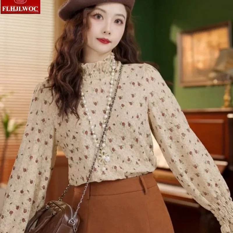 Водолазки, блузки, новогодние свидания для девочек, зима-весна, базовые рубашки, милый японский стиль, цветочный принт, винтажный топ в стиле ретро, Blusas