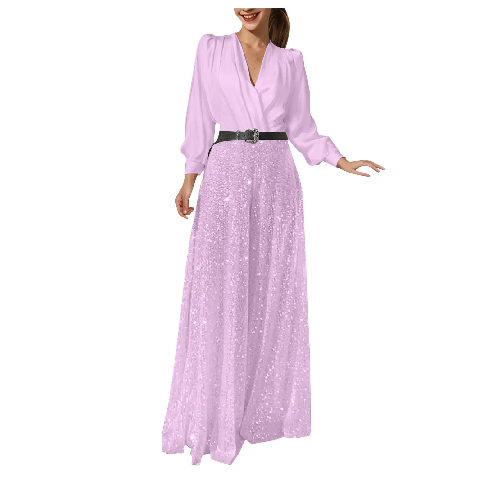Glitter Jumpsuits Women Elegant Shirts And Wide Leg Pants Jumpsuit Sexy Deep V Neck Sexy Club Rompers And Jumpsuits for Women