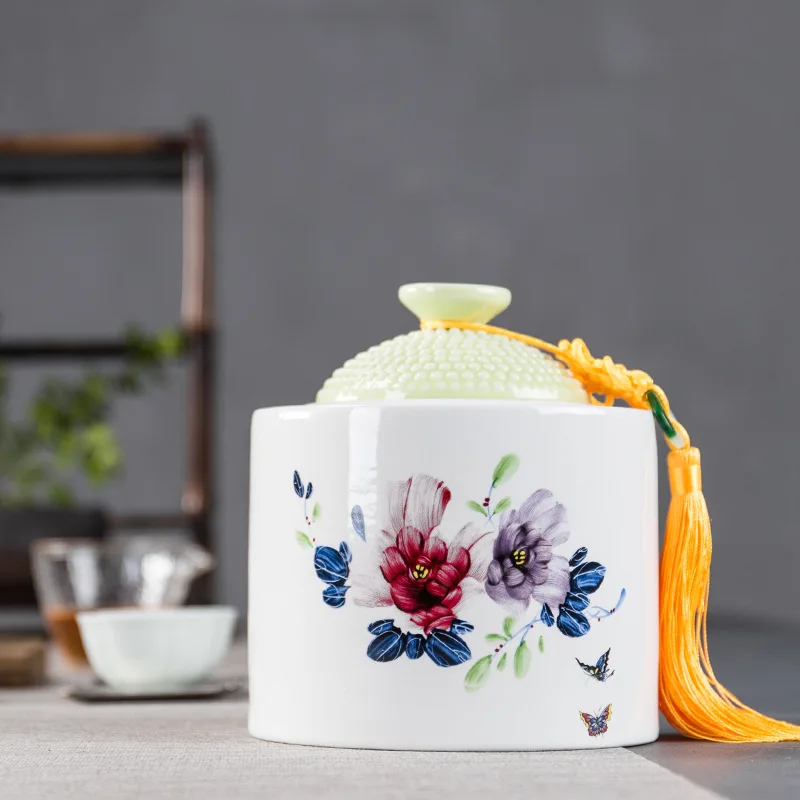 

Nordic Sealed Moisture-proof Tea Cans Ceramic Painted Flower Storage Jar White Porcelain Tank Kitchen Grain Tank Home Decoration