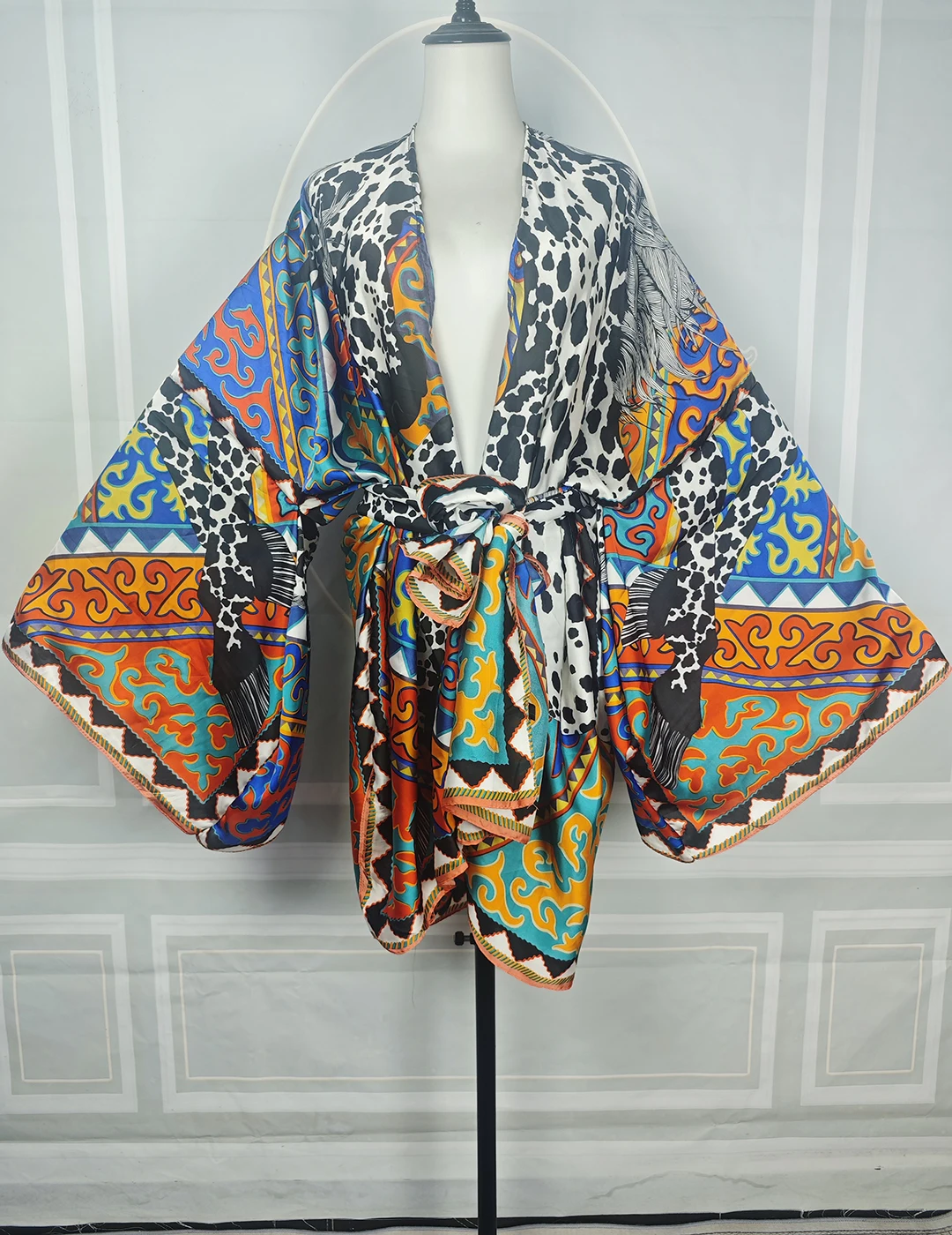 Women's Leopard Patchwork Printed Short Cardigans Oversized Sexy Lady Holiday Resort Wear Open Front Kimonos Maxi African robe
