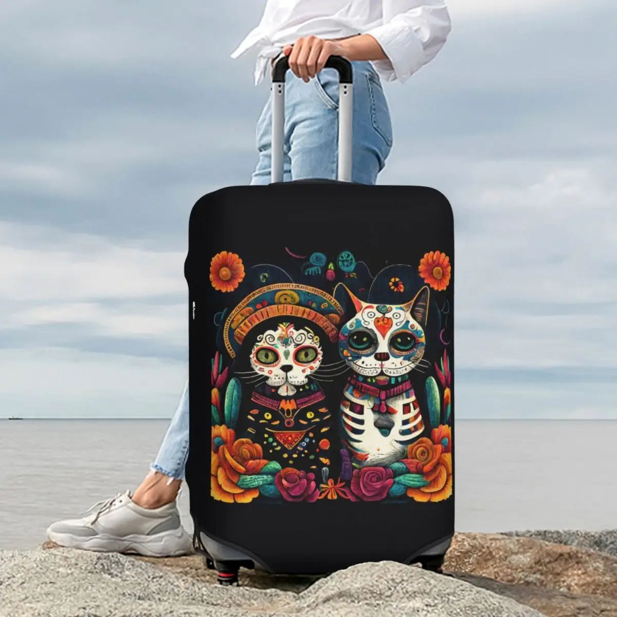يوم الموتى هريرة القط السكر الجمجمة ضياء دي لوس Muertos غطاء حقيبة حماية مرونة السفر الأمتعة حامي يغطي