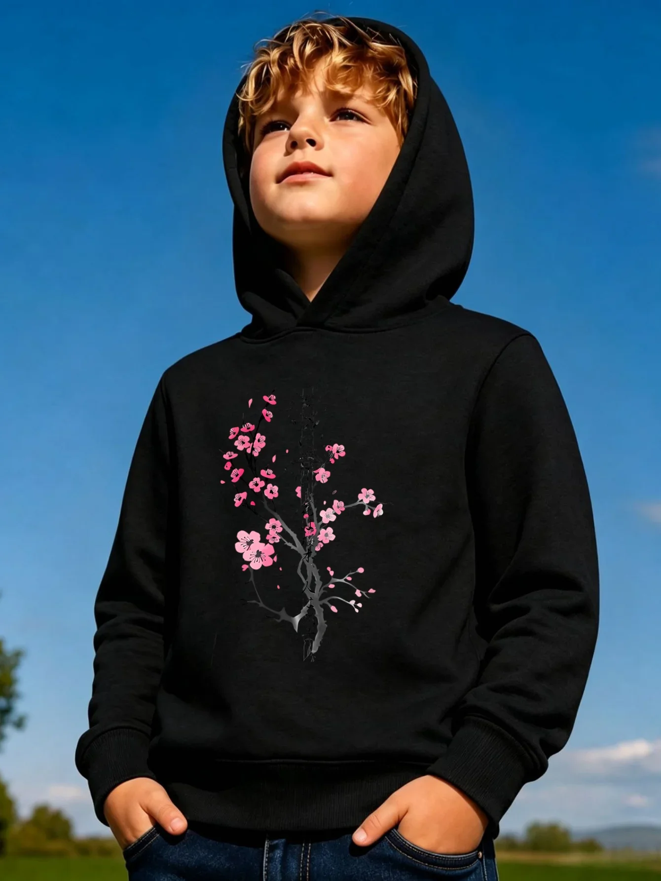 Kids Hoodie Autumn Winter Fleece Watercolor Cherry Blossom Graphic Print Warm Casual Long Sleeve Pullover Sweatshirt
