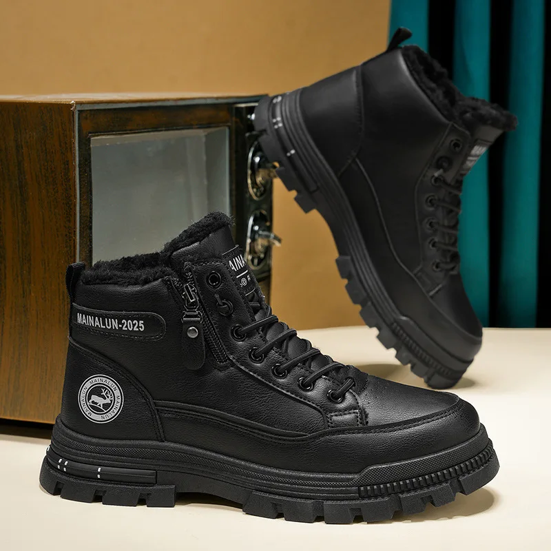 Winter Men's Velvet Boots Fashion British-style High-top Leather Boots Outdoors Work Shoes for Men Comfortable Warm Boot Zapatos