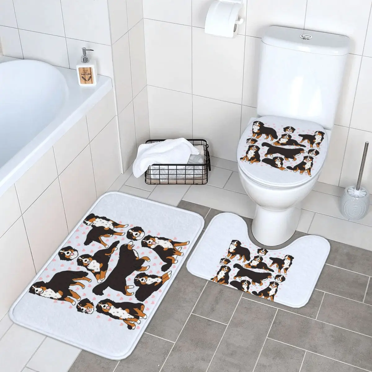

Бернский зенненхунд, милый узор с иллюстрацией, 3-х предметный коврик для ванной, набор для ванной комнаты, крышка для унитаза, домашний декор, нескользящий ковер, напольный ковер