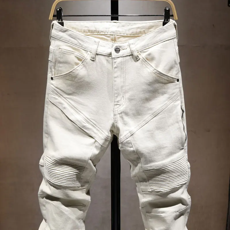 Street Designer Fashion Men Jeans Beige White Stretch Slim Fit Spliced Patched Denim Cargo Pants Hombre Y2K Hip Hop Biker Jeans