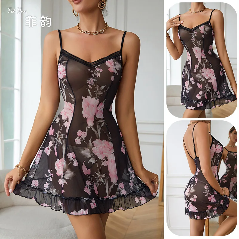 

Feiyun Cross-border Nightgown Underwear Sexy Mesh Pajamas Women's Printed Suspender Nightgown Perspective Loungewear 620