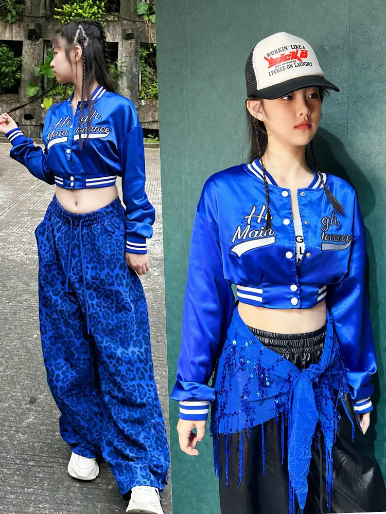 Blue Embroidered Jacket Adult Dance Performance Outfit Street Dance Style Workwear Pants for Women Kpop Group Show Costume