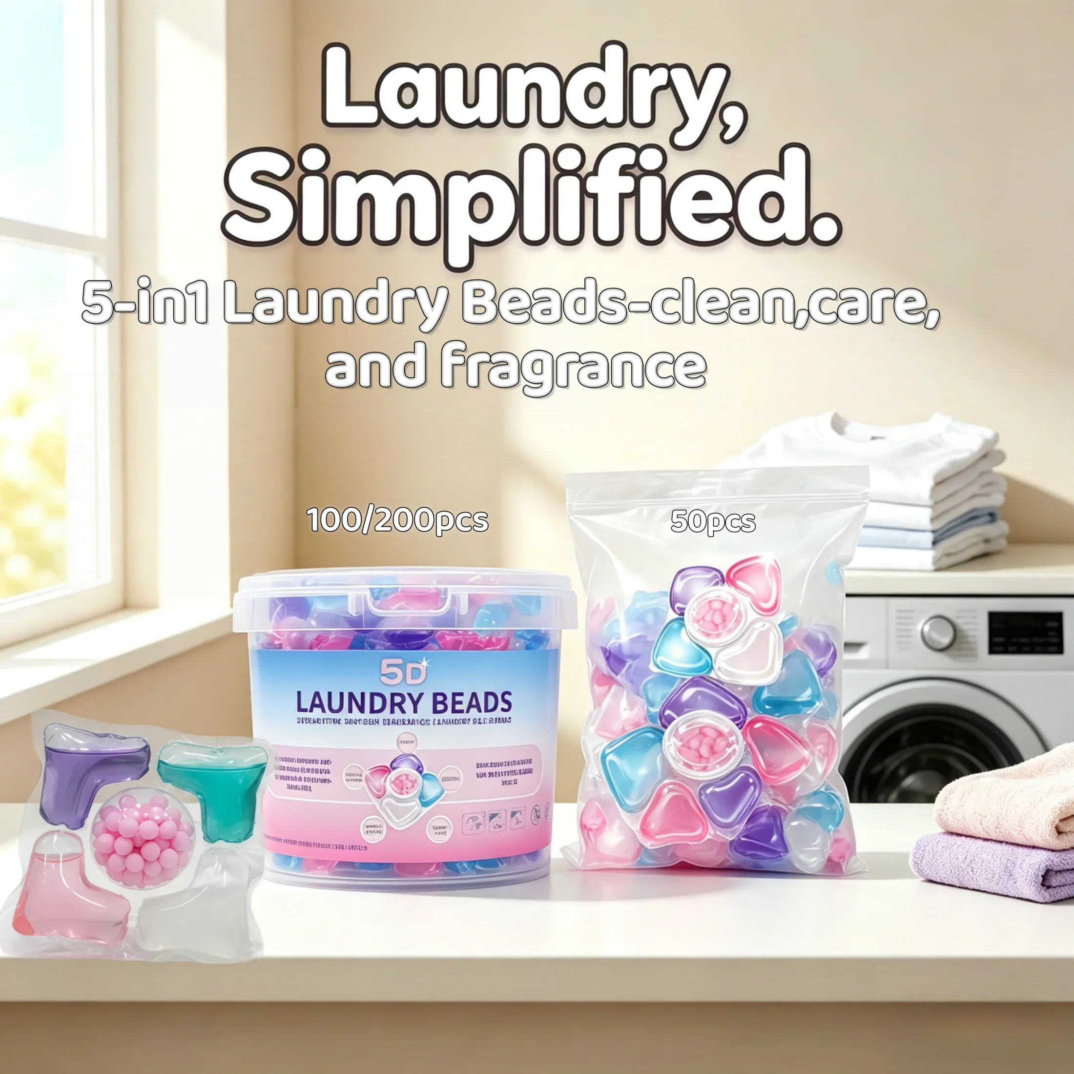 Cápsulas de Detergente para Ropa 5 en 1, 8g/unidad, 50/100 Unidades, Limpieza Profunda, Fragancia, Suavidad y Delicadeza con las Manos y la Ropa - Lavandería Portátil