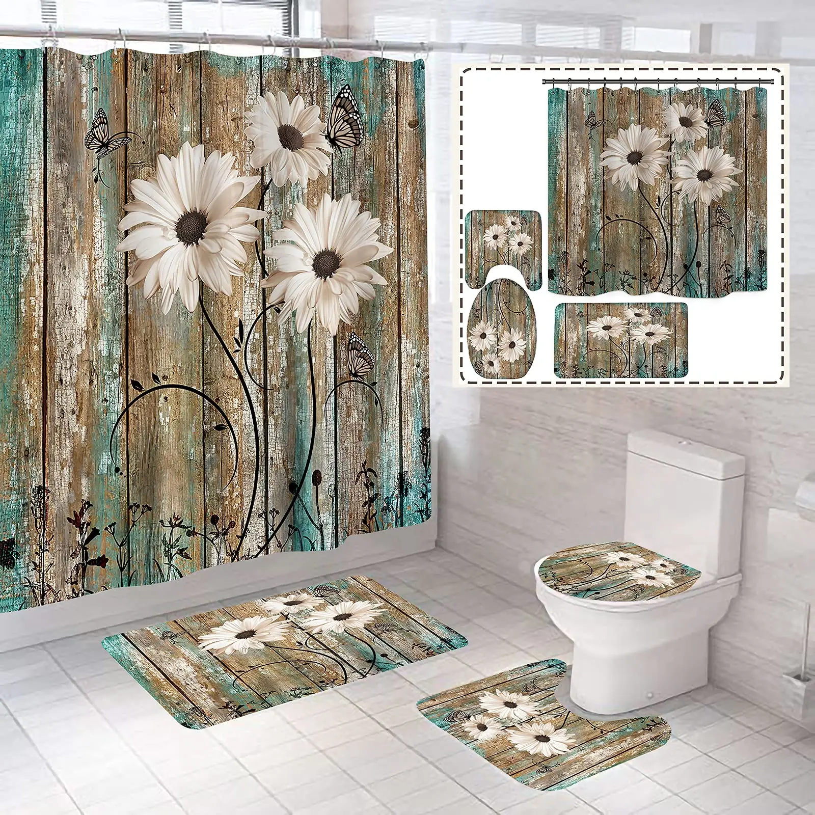 Butterfly Daisy Sunflower Shower Curtain Sets Retro Floral Vintage Country Farmhouse Flower Rustic Wooden Bathroom Decor Sets