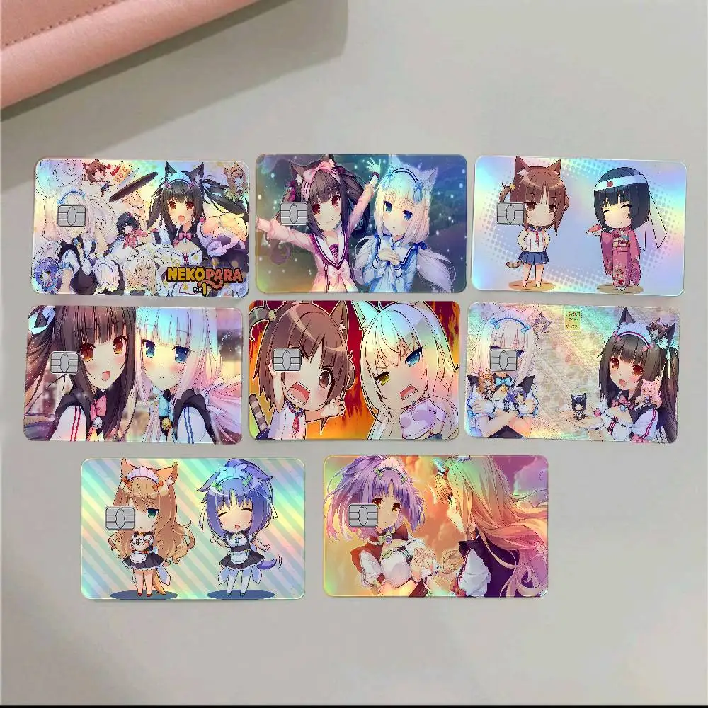 Anime Nekopara 4Pcs Holographic Laser Card Stickers - Rainbow Shimmer Waterproof Skin For Credit & Bank Cards