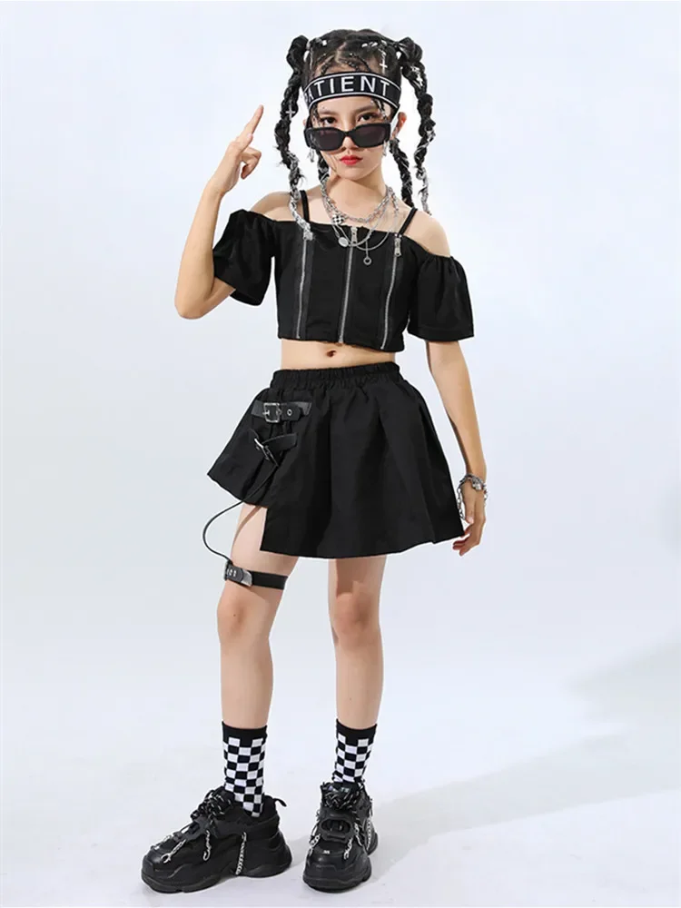 Kids Hip Hop Clothing Black Crop T Shirt Pleated Skirt for Girls Jazz Dance Costume Sets Children Streetwear Outfits 8 10 12 14Y