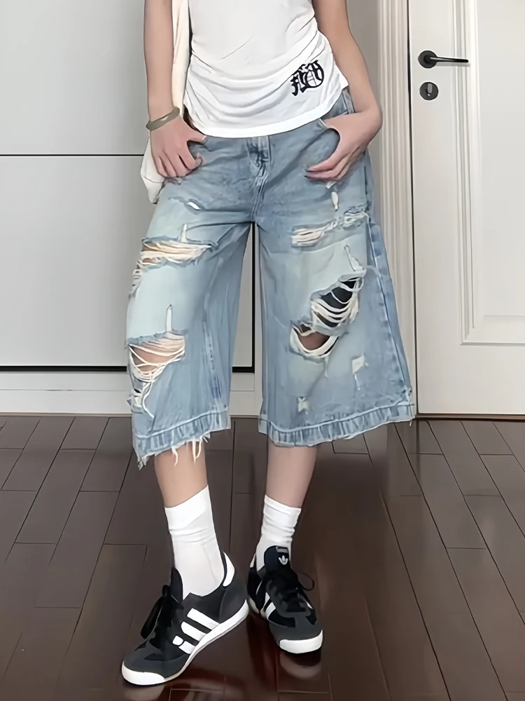 

Retro American Washed Distressed Denim Shorts Women Summer Spicy Loose Bf Lazy Style Seven-Foot Trendy High Waist Jeans