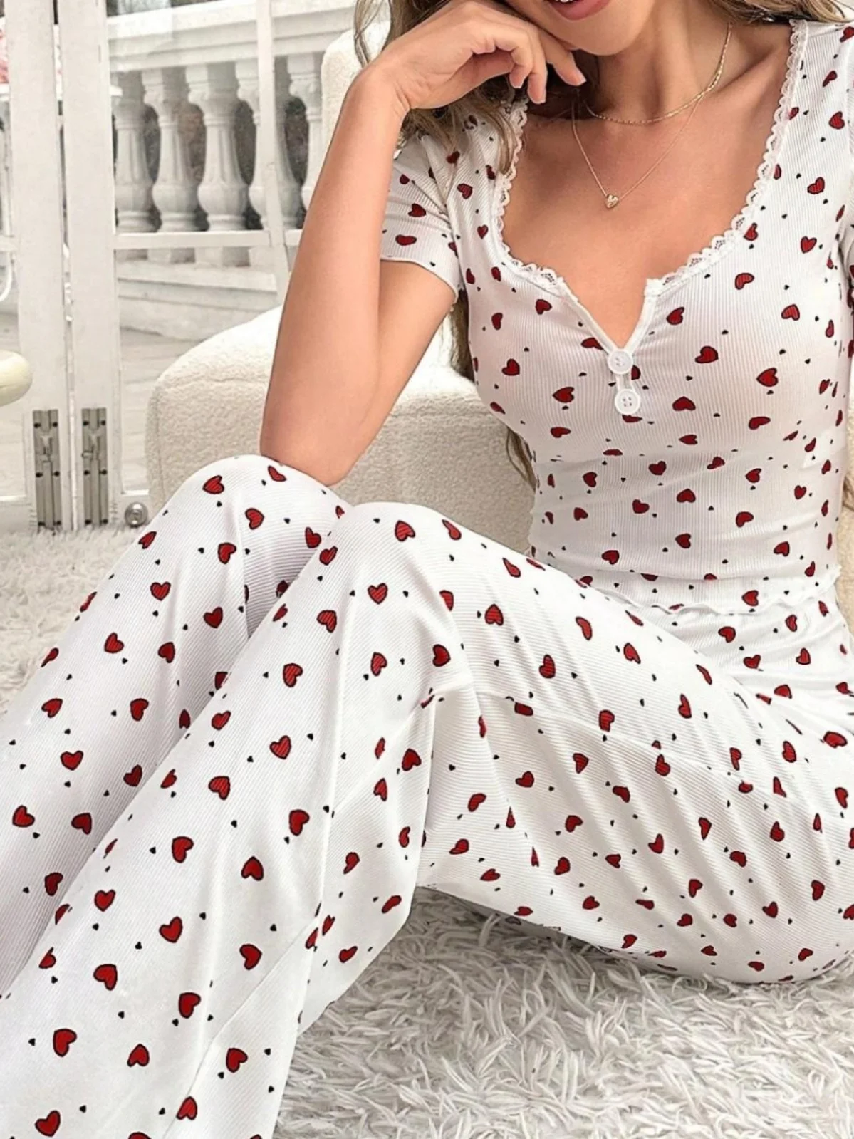 

Comfortable Faionable Spwear Set Casual ort Sve Long Pants Outfit with Lace Trim V-Ne Two-Piece Suit for Women