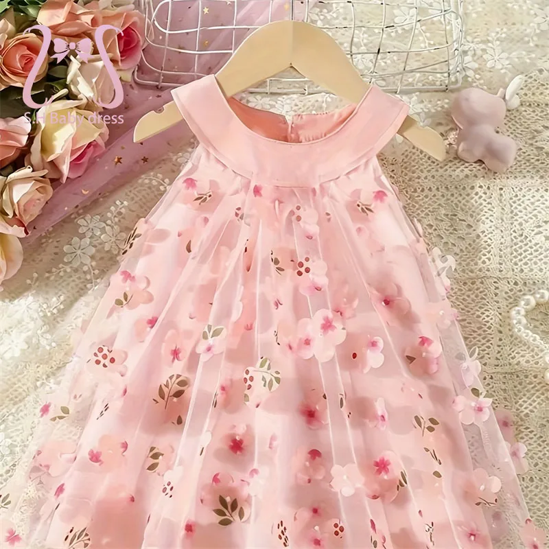 0-3 Years Old Newborn Summer Children Flower Dress Sweet Baby Girl Sleeveless Clothing Lovely Kids Toddlers Pink Baptism Dresses