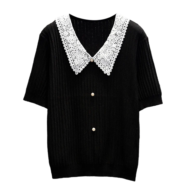 New Pullover Sweater Women Loose lattice leisure shirt collar splicing Short sleeves Knitted Sweater Female women\'s clothing