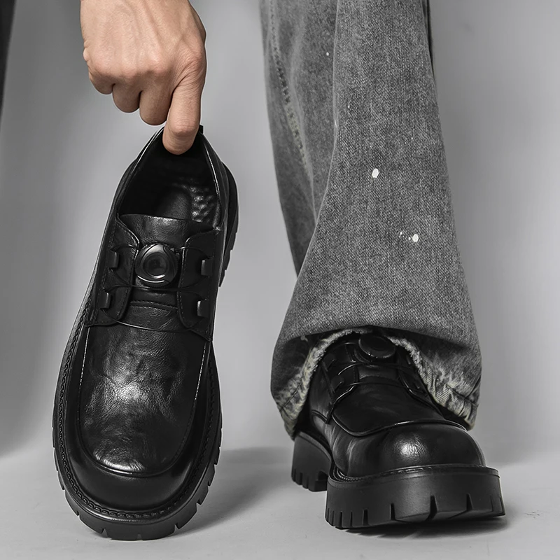 Autumn New Men's Thick Sole Rotary Buckle Big Toe Leather Shoes, Fashion Business Casual Shoes, Plus Size Derby Shoes