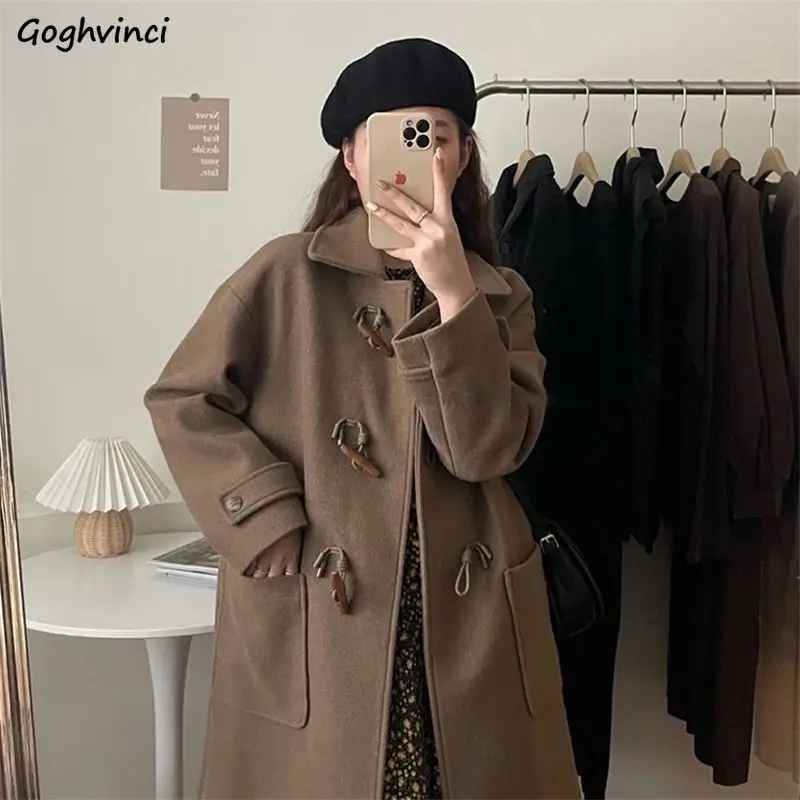 

Lovely Horn Button Woolen Blends Long Coats for Women Autumn Winter Korean Style Elegant Temper Classic Overcoats Chic College