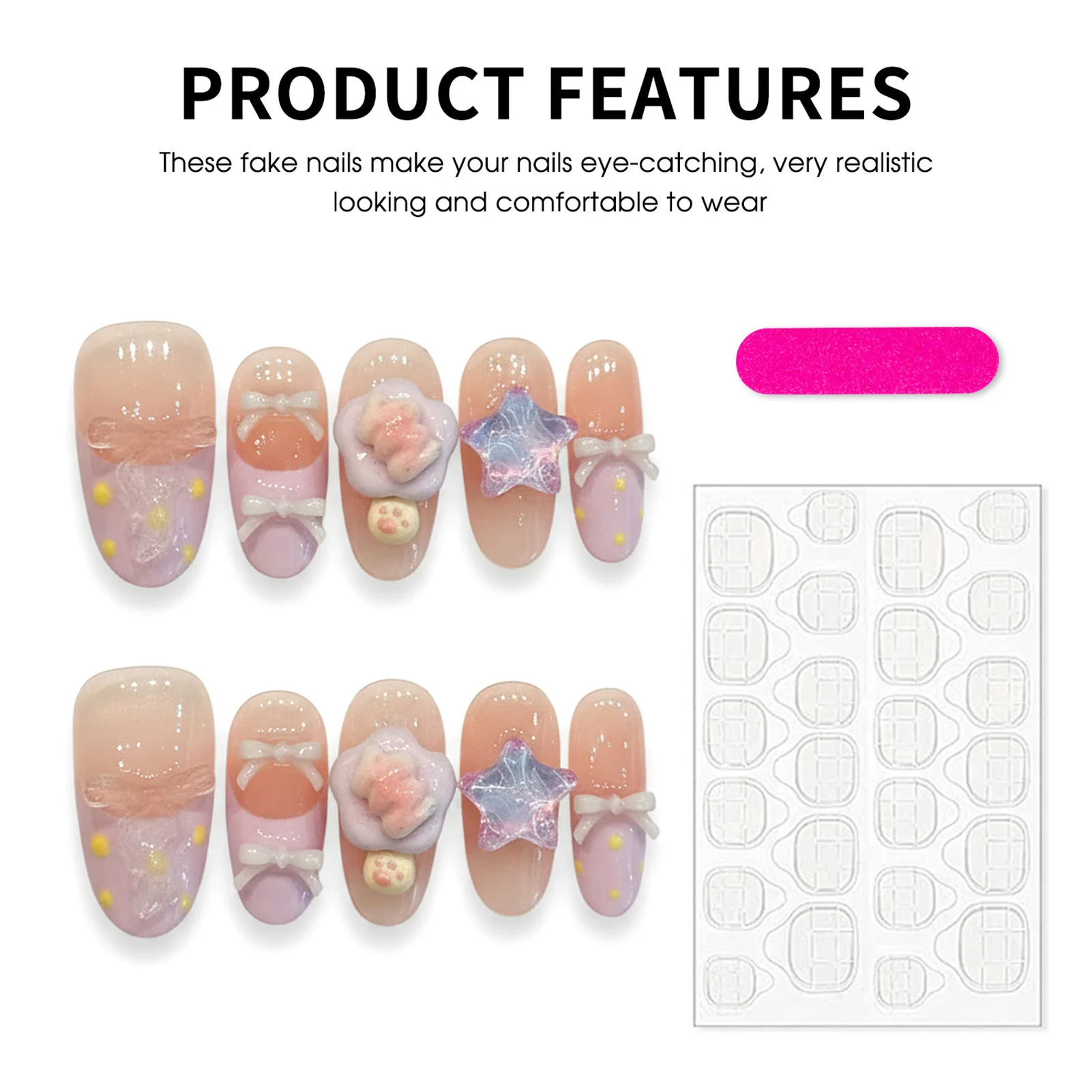 

10pcs Pink Purple Gradient Handmade Press On Nails Y2k Colorful Stars Bowknots Decor False Nails Sweet Almond French Fake Nail