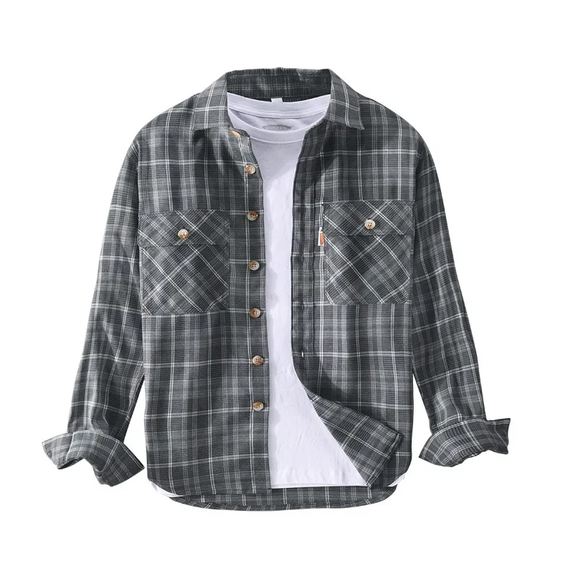 

Spring and Autumn Retro Plaid Work Shirt Coat Men's Hong Kong Style Loose Casual Large Versatile Long Sleeve Shirt