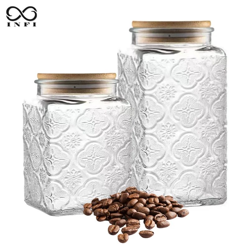 Vintage Embossed Mason Jars with Bamboo Lid, 24oz Wide Mouth Square Bottle with Begonia Pattern, Airtight Silicone Sealing