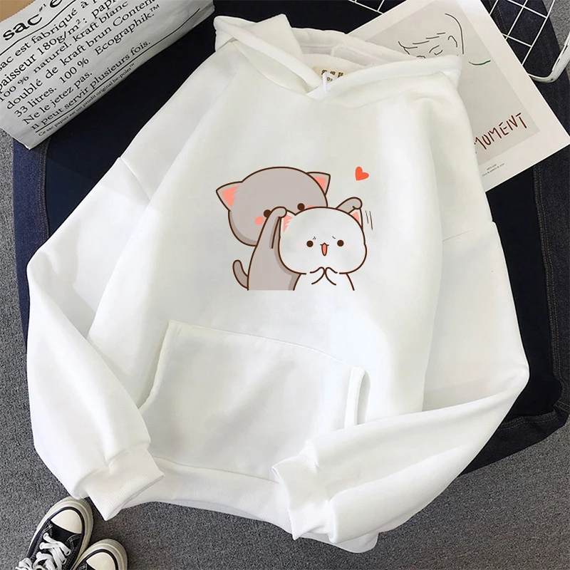 Fleece Women's White Hoodies Kawaii Peach Cat Cartoon Print Femme Winter Hooded Sweatshirt Tops Casual Female Jumper