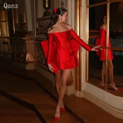 Qanz Sexy Red Short Prom Dresses Satin With Large Bow Long Sleeves Dress Party Night Mermaid Luxury Dress Birthday Customized