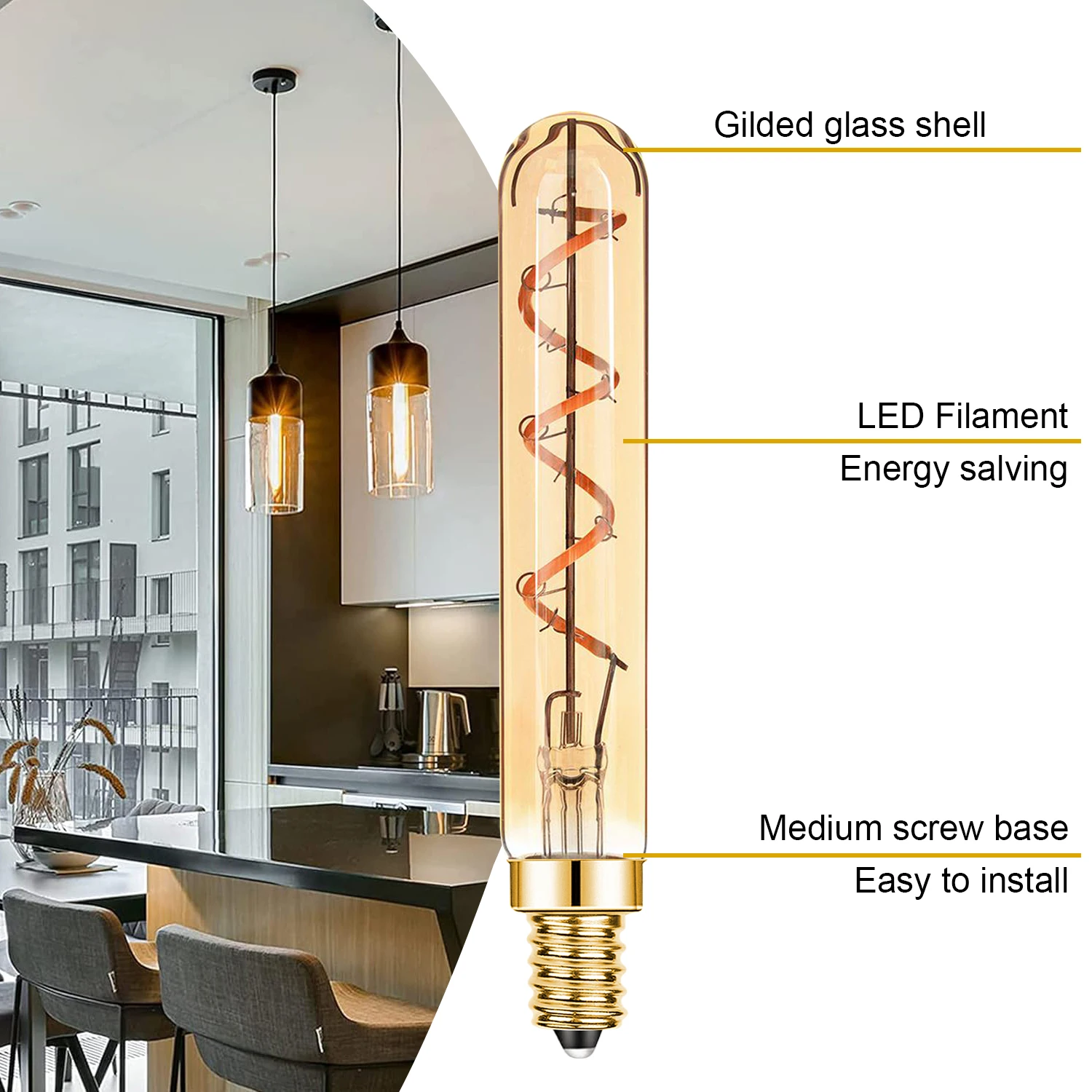 Vintage Dimmable Tubo Longo Lâmpada LED, Pingente Âmbar Interior, Wam Branco, Filamento Retro, Decoração Leve, E27, E14, T20, 220V, E12, 110V, 3W