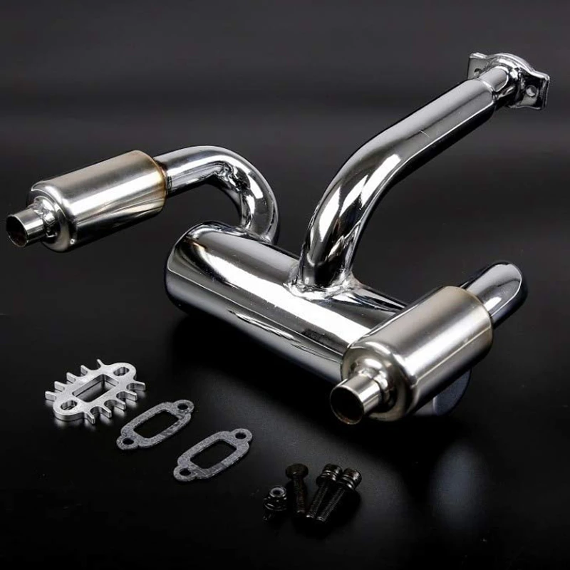 CNC Metal 2X Twin Exhaust Pipe with Muffler for 1/5 HPI Rovan Baja 5B 5T 5SC RC HOT