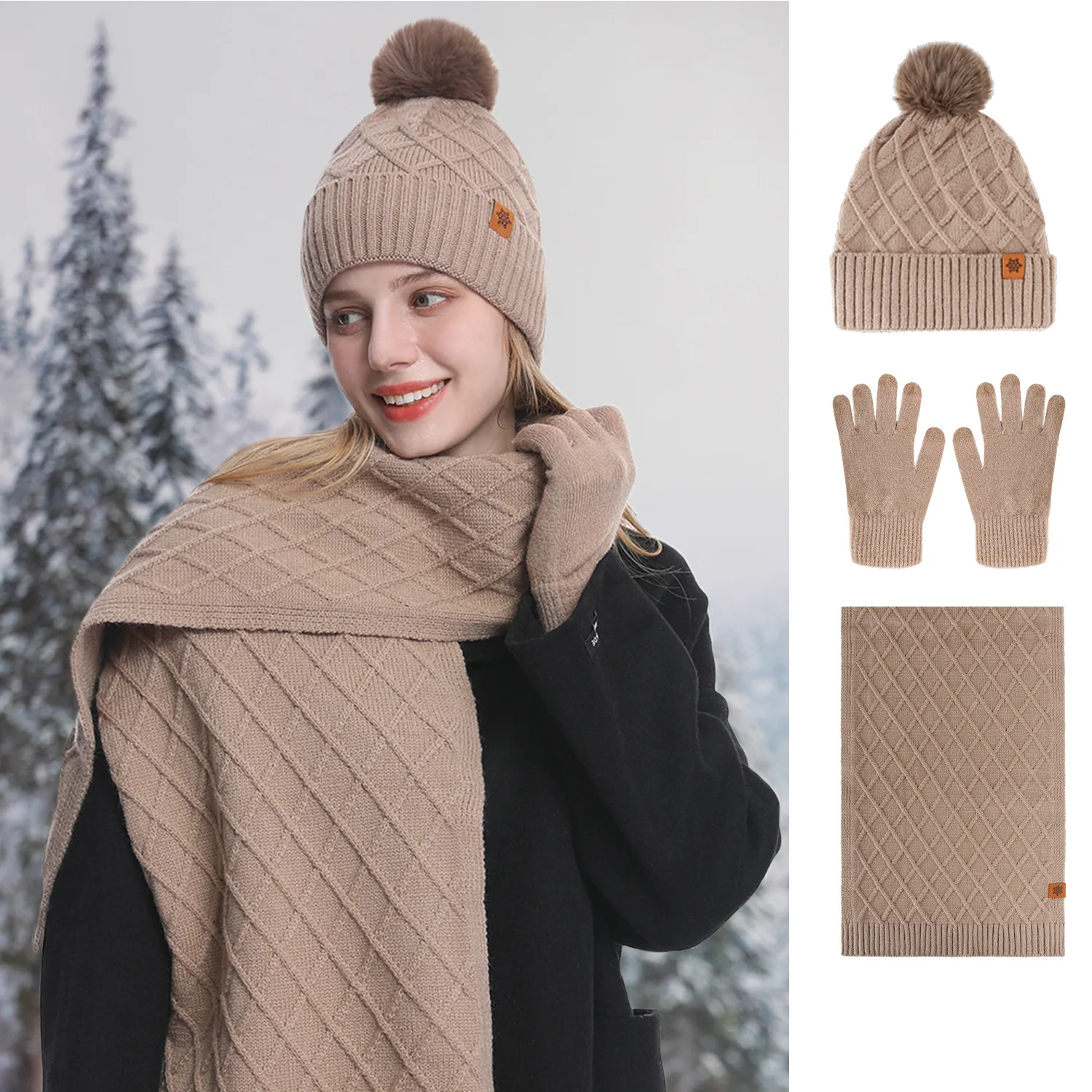 

New Autumn Winter Thick Women Wool Hat Scarf Gloves 3pcs Set Women Outdoor Wool Knitted Hat Cap Neck Warmers Women E11435