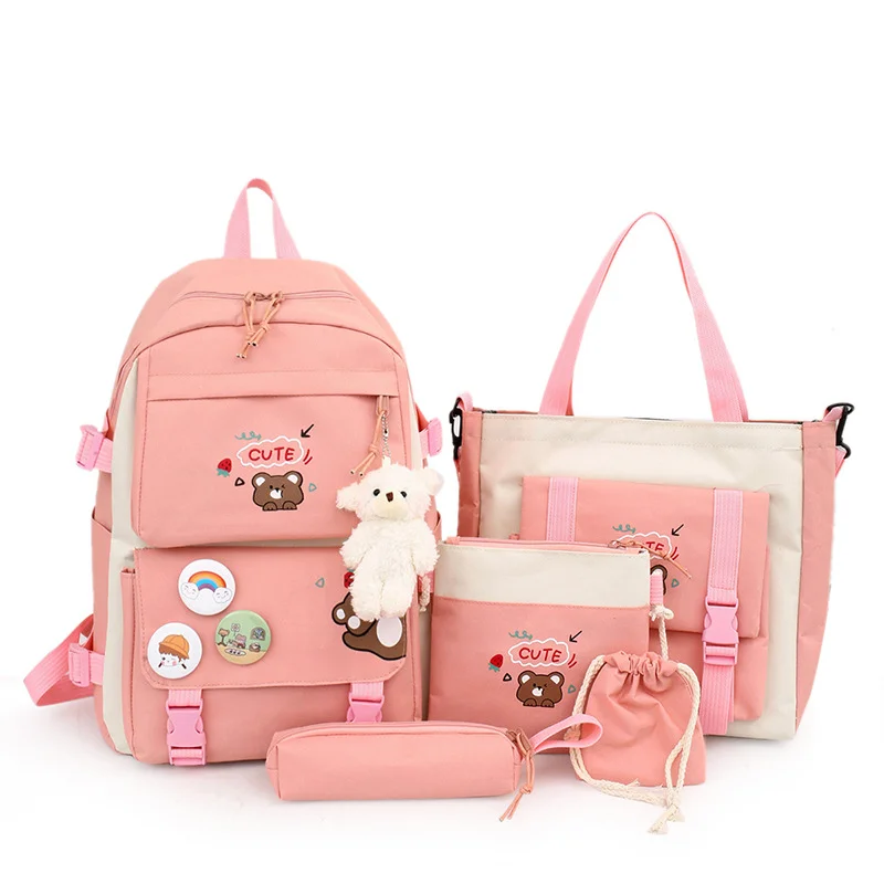 5 In 1 Schoolbag women Cute 6 grade children bookbag Boy Waterproof Student Backpack Girl wallet Teen 5 piece set Send keychain