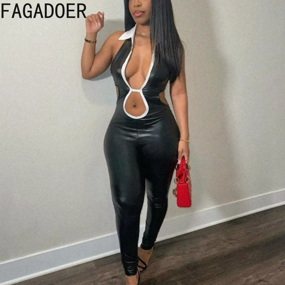 

FAGADOER Black Fashion PU Leather Halter Bodycon Jumpsuits Women Deep V Hollow Out Sleeveless Slim Playsuit Female Solid Overall