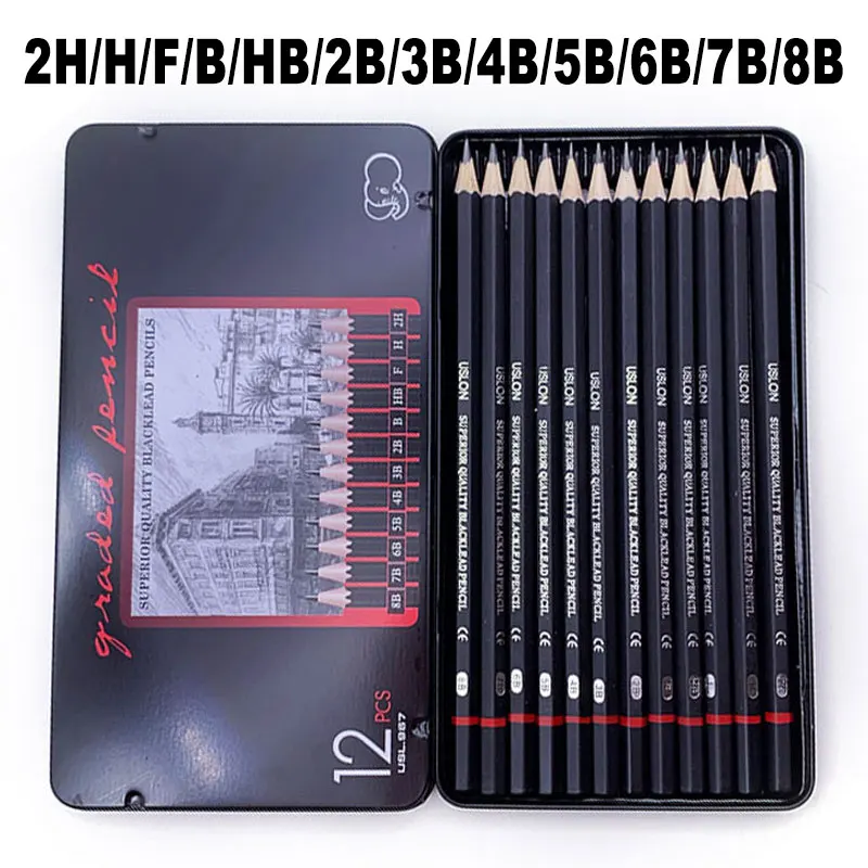 12Pcs 2H-8B Sketch Drawing Pencil 2H H F HB B 2B 3B 4B 5B 6B 7B 8B Hard/Medium/Soft Graphite Wooden Art Paint Pencil + Metal Box