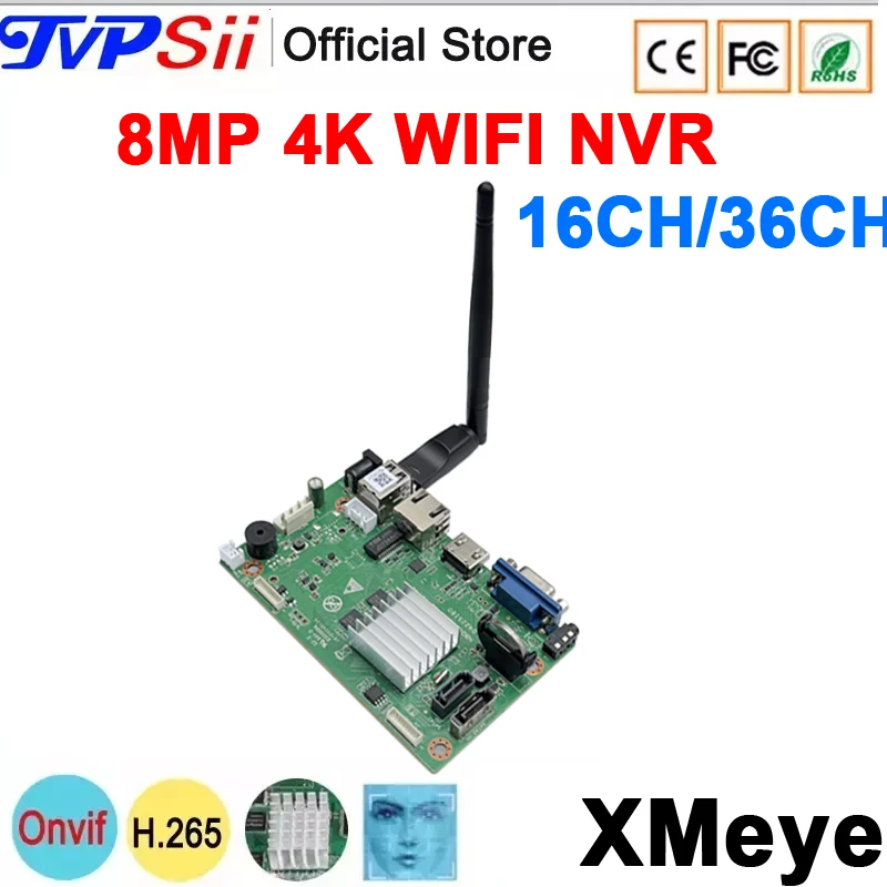 Face Detection SATA DC12V Audio XMeye H.265+ 8MP 4K 16CH 36 Channel Onvif WIFI CCTV DVR NVR Motherboard