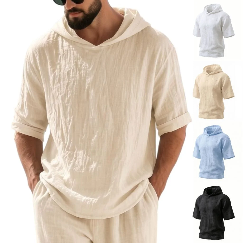 Men's Linen Hooded Short Sleeve T-Shirt – Loose Fit, Breathable Cotton-Linen Blend, Casual Beach & Summer Wear, Multiple Colors