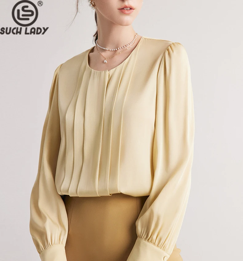 90% Silk 10% Spandex Women's Shirt O Neck Line Sleeves Pleated Elegant Fashion Blouse Tops
