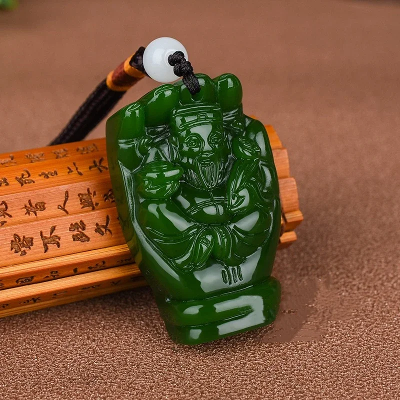 

Natural green hand carved God of wealth jade pendant fashion jewelry men's and women's bergamot Laicai Necklace Gift Accessories