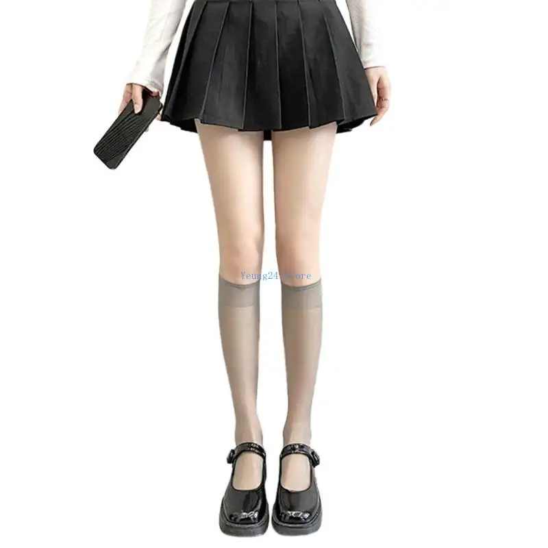 

P8DB Women Spring Summer Sheer Silky Knee High Socks Non-Slip Elastic Top Solid Color Ultra-Thin Transparent Breathable Long
