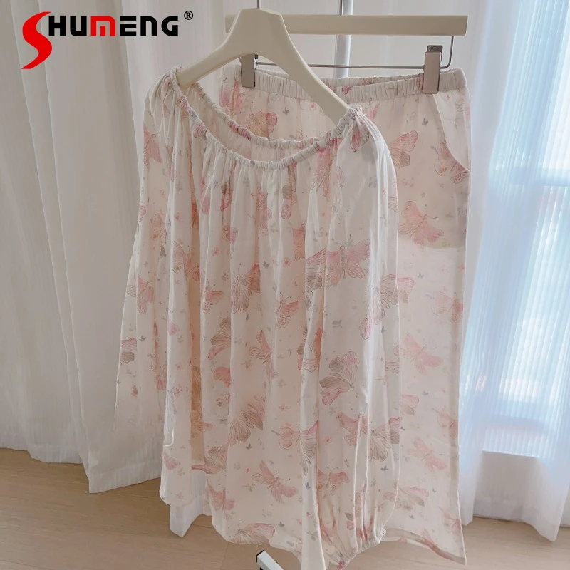 

Long Sleeved Long Pants Pajamas Female All Cotton Double Layer Gauze Loungewear Women Retro Butterfly Round Neck Underwear Set