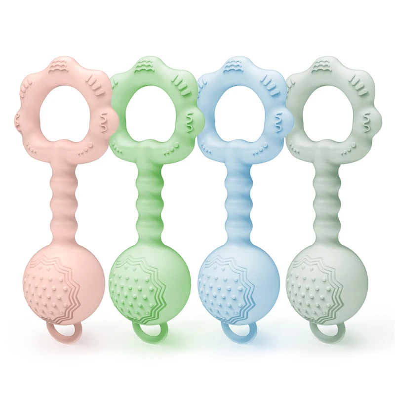 

New Design Baby Bell Ring Sound Silicone Teether Food Grade Chewable Sensory Baby Rattle Silicone Teething Toy